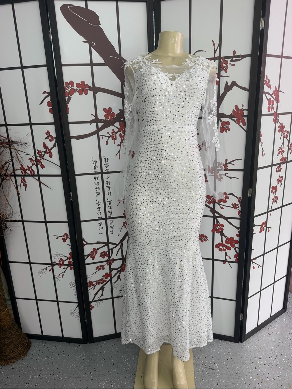 White Sequin Long Sleeve Mermaid Gown